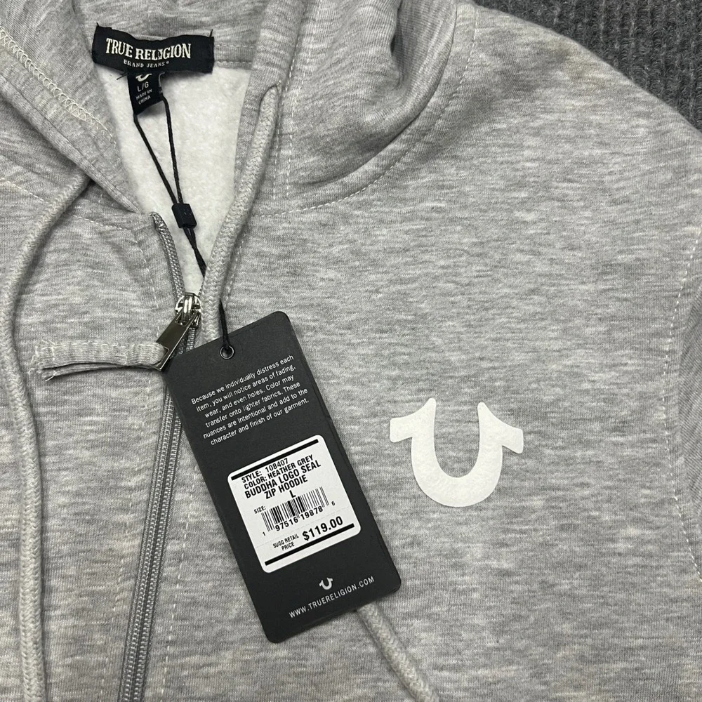 True Religion Mens Buddha Logo Seal Zip Hoodie Heather Grey Large Jacket new nwt